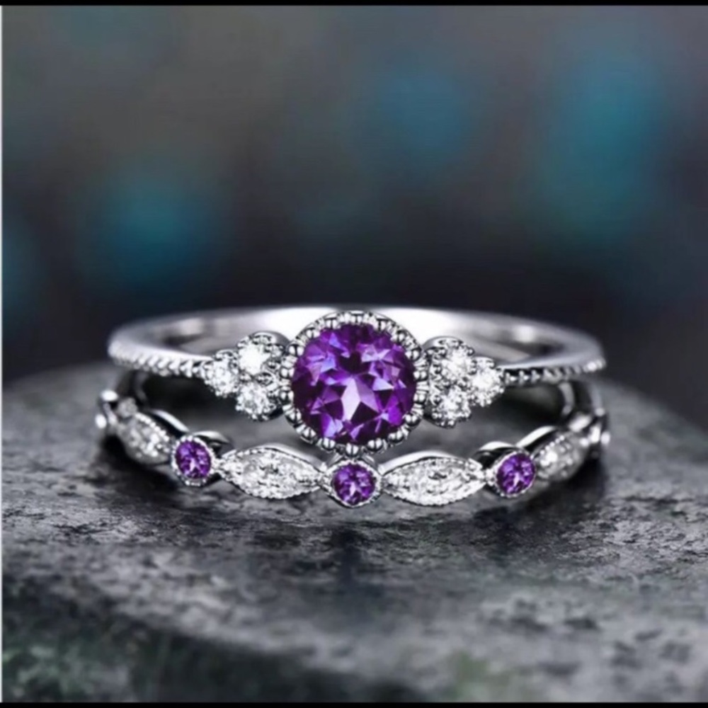 2Pcs/Set Round Cut Amethyst Silver Ring